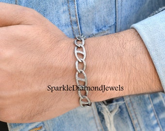 Pave Diamond Link Bracelet, 925 Sterling Silver Jewelry, Chain Bracelet, Diamond Lobster Lock Bracelet, Silver Unisex Jewelry, Gift For Him