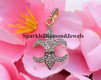 Handmade Sterling Silver Fleur-De-Lis Pendant, Pave Diamond Jewelry