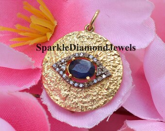 Evil Eye Pendant Natural Blue Sapphire, 14k Gold Vermeil Hammered Jewelry, 925 Silver Pave Diamond Jewelry Round Disc Pendant Jewelry Gifts
