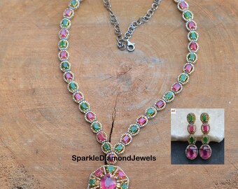 Pave Diamond Jewelry Set, 925 Silver 14K Gold Vermeil Jewelry, Natural Emerald Ruby Gemstones Necklace and Earring Set, Christmas's Day Gift