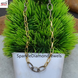Pave Diamond Link Chain, 925 Sterling Silver Necklace, 14k Gold Vermeil Chain Jewelry, Silver Diamond Clasp, 22&quot; Link Chain Handmade Jewelry