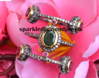 Emerald Ruby Gemstone Ring, Pave Diamond, Sterling Silver