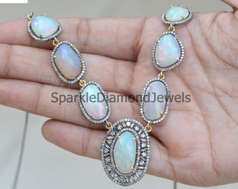 Pave Diamond Jewelry Set, Natural Opal Gemstone Jewelry Set, Baguette Diamond Earrings, 925 Silver Gemstone Necklace, Bridal Jewelry Set