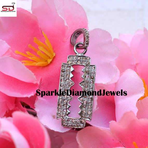 Pave Diamond Razor Pendant Silver Razor Blade Pendant Diamond