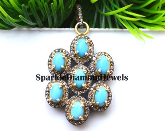 Turquoise Gemstone Pendant, Pave Diamond Flower Pendant, 16&quot; Link Chain Necklace, 925 Sterling Silver Jewelry, Wedding Gift, Jewelry For Her