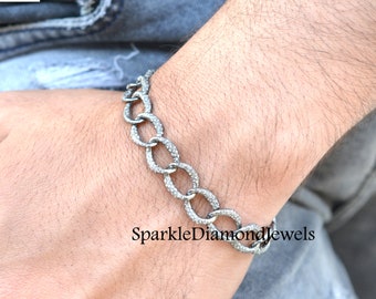 Natural Pave Diamond Bracelet Jewelry, 925 Silver Link Chain Bracelet, Spring Lock Bracelet, Diamond Silver Chain Unisex Handmade Jewelry