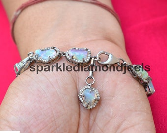 Opal Gemstone Bracelet, Pave Diamond Sterling Silver Link Bracelet
