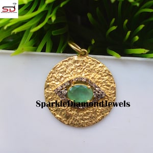 Pave Diamant Anhänger, Smaragd Evil Eye Edelstein Charm Anhänger 925 Silber Gehämmert Evil Eye Anhänger 14 Gold Vermeil Evil Eye Handgemachter Schmuck