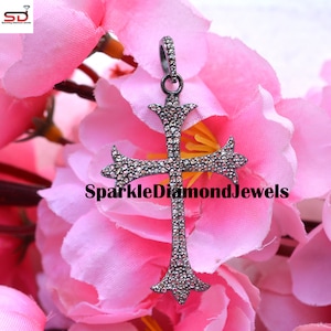 Natural Diamond Cross Pendant, 925 Silver Cross Pendant, Diamond Holly Cross Pendant, Pave Diamond Cross Pendant, Handmade Religious Jewelry