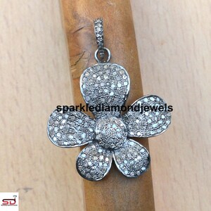 Clover Pendant, Handmade Jewelry, Diamond Silver Pendant, Anniversary Gift, Pave Diamond Pendant, Diamond Flower Pendant Women Jewelry