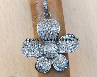 Clover Pendant, Handmade Jewelry, Diamond Silver Pendant, Anniversary Gift, Pave Diamond Pendant, Diamond Flower Pendant Women Jewelry