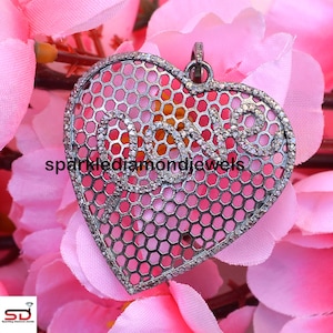 925 Sterling Silver Diamond Love Heart Pendant, Pave Diamond Jewelry, Heart Pendant 16&quot; Silver Chain Necklace, Pave Diamond Pendant