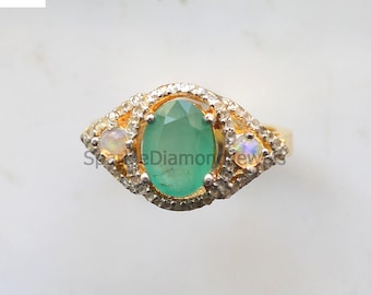 Natural Emerald Ring Jewelry / 14K Gold Plated 925 Sterling Silver Pave Diamond Statement Ring