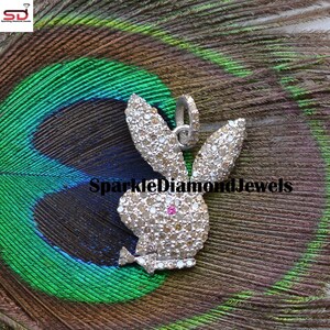 Playboy Necklace, Pendant, 925 Sterling Silver Jewelry, Pave Diamond Playboy Bunny Necklace 16&quot; Link Chain, Easter Bunny Handmade Jewelry