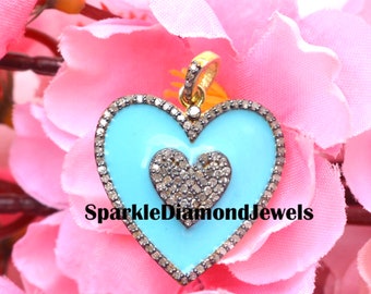 Pave Diamond Blue Enamel Heart Pendant, Sterling Silver Necklace