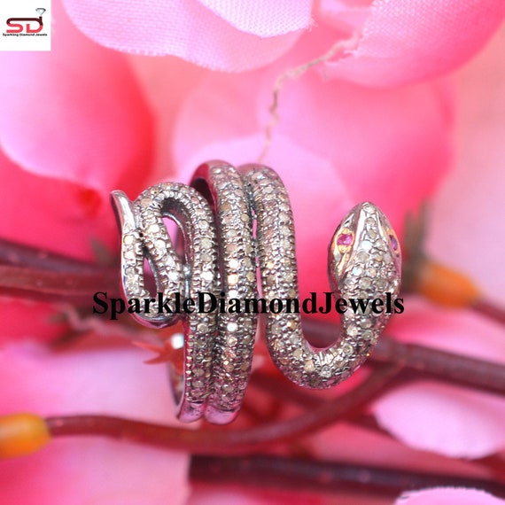 Pave Diamond Ring Snake Ring in 925 Sterling Silver | Diamond Snake Ring with Ruby Eyes | Pave Diamond Serpent Ring | Unique Gift for Her
