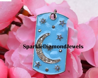 Pave Diamond Moon Pendant, Enamel Star Pendant, 925 Solid Silver Jewelry, 16" Link Chain Necklace, Diamond Enamel Pendant, Sapphire Jewelry
