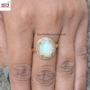 Genuine Opal Ring, Pave Diamond Halo Ring, Opal Gemstone Ring, 925 Sterling Silver Jewelry, Women's Handmade Jewelry, Valentine's Day Gift