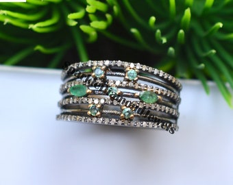Pave Diamond & Emerald 925 Silver Ring, Handmade Wedding Band