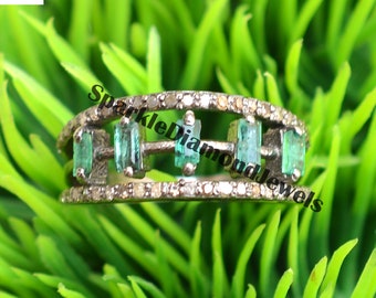 Pave Diamond 925 Sterling Silver Emerald Ring, Handmade Jewelry