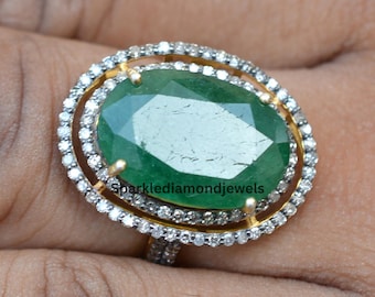 Natural Emerald Ring Jewelry / 14K Gold Plated 925 Sterling Silver Pave Diamond Statement Ring