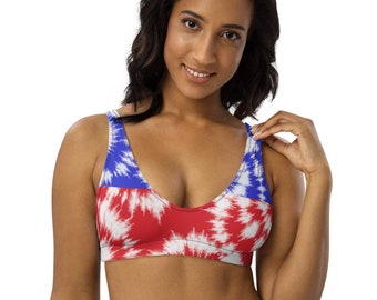 Patriotic Tie Dye Padded Bikini Top, American Flag Bathing Suit Top, Swimsuit
