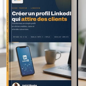 May include: A dark blue hardcover book titled Créer un profil LinkedIn qui attire des clients by Astrid Mwaba. The cover features a smartphone displaying the LinkedIn logo, a guide premium label, and text detailing a step-by-step method.