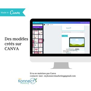 Peut inclure: Un écran d'ordinateur affichant un modèle de conception Canva avec une image de paysage vert. Le texte à l'écran indique "Voici ce que tu peux faire avec ces templates". Le texte "Konnect" est également visible à l'écran. Le texte "Made in Canva" est visible en haut de l'image.