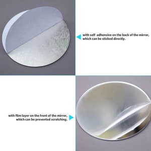 May include: Two round mirrors with a protective film layer on the front and self-adhesive on the back. The text "with flim layer on the front of the mirror, which can be prevented scratching." and "with self adhensive on the back of the mirror, which can be sticked directly." is visible in the image.