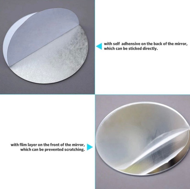 May include: Two round mirrors with a protective film layer on the front and self-adhesive on the back. The text "with flim layer on the front of the mirror, which can be prevented scratching." and "with self adhensive on the back of the mirror, which can be sticked directly." is visible in the image.