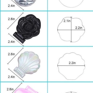 May include: Four different compact mirrors with different designs. The mirrors are 2.2 inches in diameter and 2.8 inches tall. The designs include a geometric pattern, a rose, a seashell, and a cat.