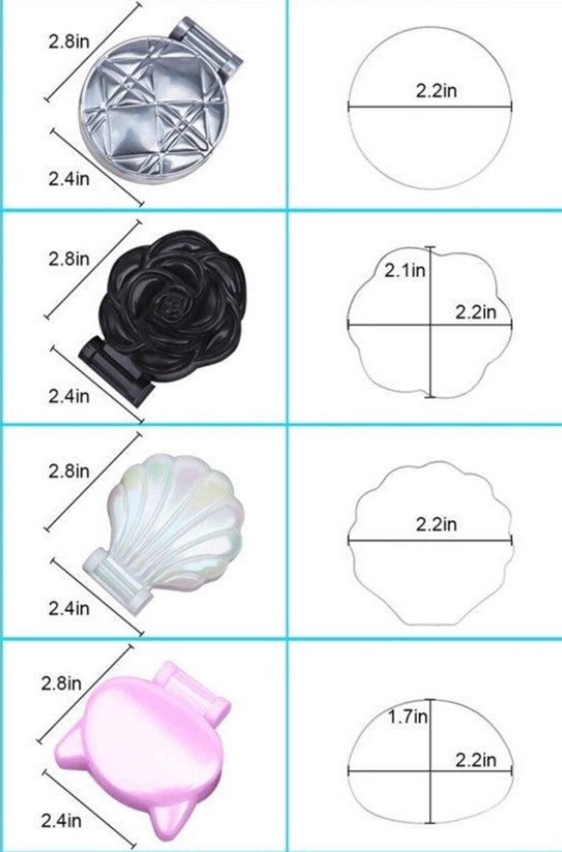 May include: Four different compact mirrors with different designs. The mirrors are 2.2 inches in diameter and 2.8 inches tall. The designs include a geometric pattern, a rose, a seashell, and a cat.
