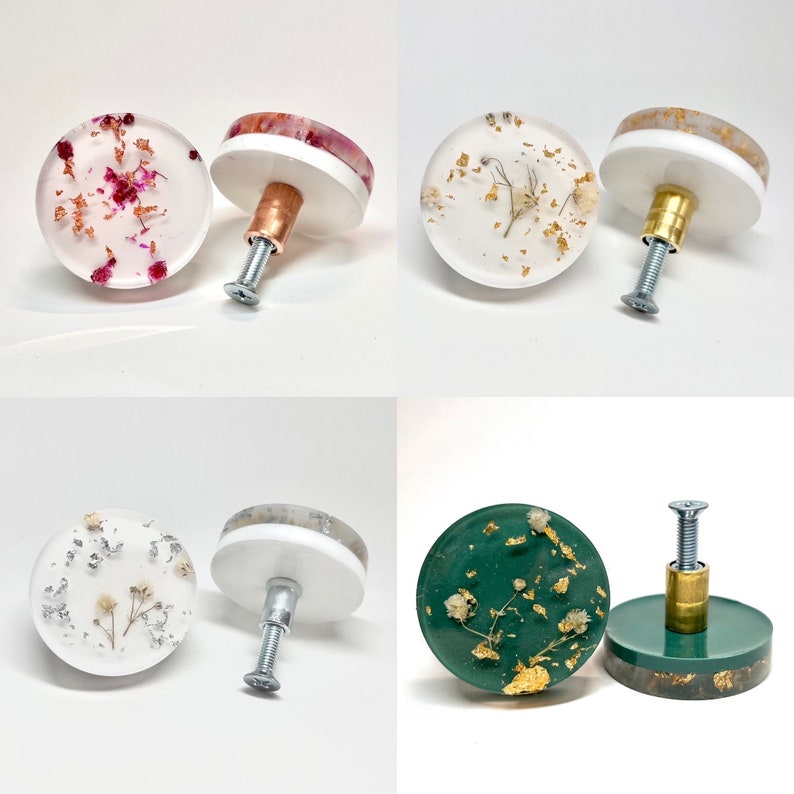 Personalisierbare Runde Möbel Knäufe Griffe Knöpfe mit Metallflocken und Trockenblumen in Boho Style in verschiedenen Farbkombinationen Bild 4