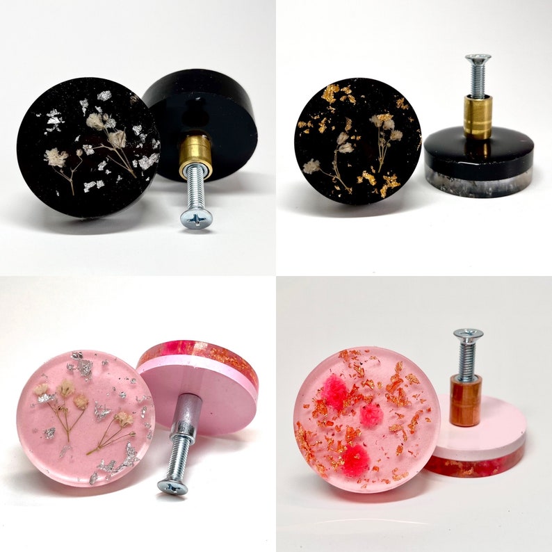 Personalisierbare Runde Möbel Knäufe Griffe Knöpfe mit Metallflocken und Trockenblumen in Boho Style in verschiedenen Farbkombinationen Bild 3