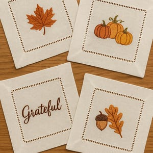 Embroidered Linen Fall Cocktail Napkins - Set of 4 - Thanksgiving Decor