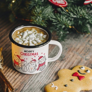 Cute Cats Christmas Enamel Mug, Merry Christmas Cats Mug, Cute Holidays Mug, Cat Lover Christmas Cup, Cute Christmas Coffee Mug, Cats Mug