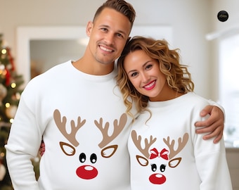 Couple Matching Reindeer Sweatshirts, Cute Christmas Sweaters, Xmas Gifts, Gifts For Him Christmas, Reindeer T-Shirts For Couples Gift