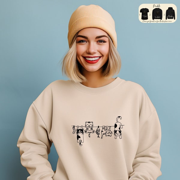 Whimsical Hanging Cats Illustration Sweatshirt, Cheeky Cats Cartoon T-Shirt, Funny Cats Printed Hoodie, Cat Lovers Shirt, Cat Mom Tee