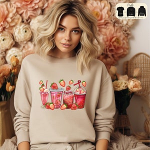 Strawberry Latte Sweatshirt, Strawberry Hoodie, Strawberry Coffee T-Shirt, Aesthetic Cottagecore Clothes, Botanical Shirt Strawberry Latte