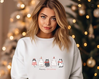 Meowy Weihnachten T-Shirt, Weihnachtskatzen Sweatshirt, Frohe Weihnachten Katzenliebhaber Hoodie, Weihnachtsgeschenk für Katzenmutter, Geschenke für Katzenliebhaber