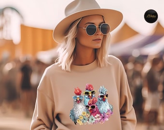 Funny Chickens Shirt, Animal T-Shirt, Farm Gift for Women, Cute Farmer Outfit, Country T-Shirt, Farm Vneck Tshirt, Floral Graphic Tees