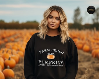 Boerderij verse pompoenen - Handgeplukte pompoenen. Sweatshirt met ronde hals. Leuke herfstshirts. Herfst ronde hals. Ouderwets pompoenen herfstshirt