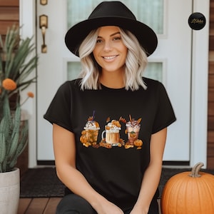 Fall Coffee Sweatshirt, Cute Halloween Pumpkin T-Shirt, Thanksgiving Shirt, Pumpkin Spice Latte Drink Cups Hoodie, Coffee Lover Autumn Tee