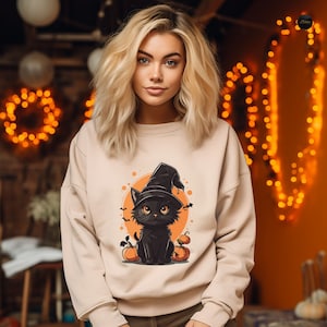 Halloween Sweatshirt, Black Cat And Pumpkins Hoodie, Halloween Sweater, Cool Halloween Cat T-Shirt, Black Cat Shirt, Whimsigoth Tee