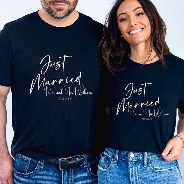 Camiseta recién casada, camisas de luna de miel personalizadas para parejas de marido y mujer, camiseta de boda a juego para parejas, sudadera de luna de miel con nombre personalizado