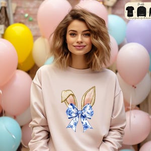 Coquette Bow Bunny Ears Sweatshirt, Cute Easter Bunny T-Shirt, Aesthetic Rabbit Tee, Easter Gift, Soft Girl Spring Outfit, Easter Hoodie