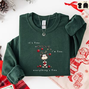 May include: Dark green sweatshirt with the text "it's fine. I'm fine. everything's fine." and a cartoon cat wearing antlers and holding a red ornament. A silver necklace with a sun pendant is also visible.
