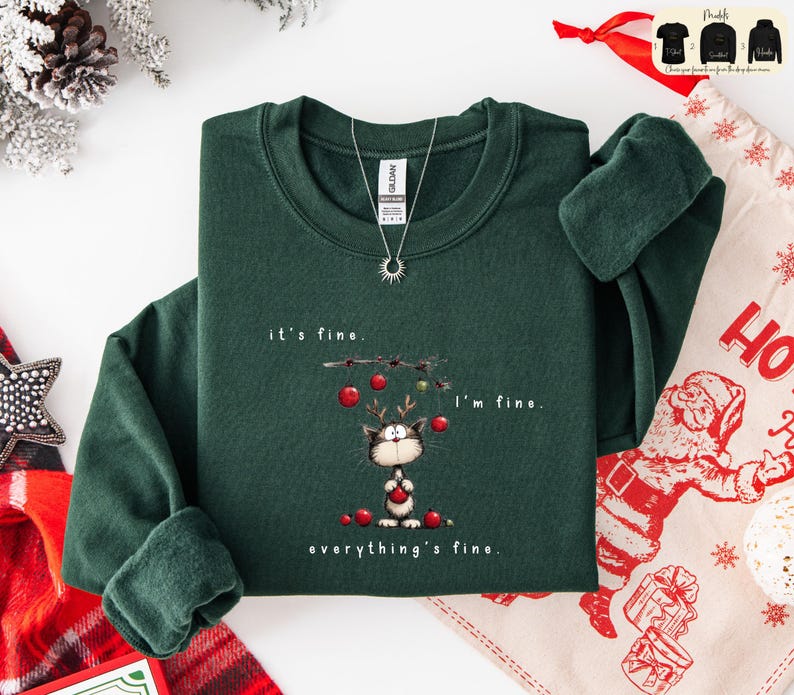 May include: Dark green sweatshirt with the text "it's fine. I'm fine. everything's fine." and a cartoon cat wearing antlers and holding a red ornament. A silver necklace with a sun pendant is also visible.