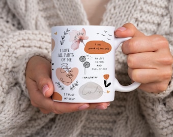 Minimalistische Kaffeetasse, Boho-Blumentasse, Tasse für Selbstliebe, Kaffeetasse mit Zitaten, Geschenke für Kaffeeliebhaber, Tasse mit positiven Affirmationen, Motivationstasse