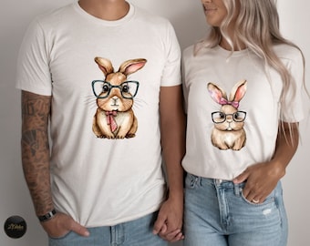 Mr and Mrs Bunny Shirts, Easter Cute Rabbit With Glasses Matching T-Shirt, Family Sweatshirts, Couples Hoodie, Bunny Matching Couple Tees